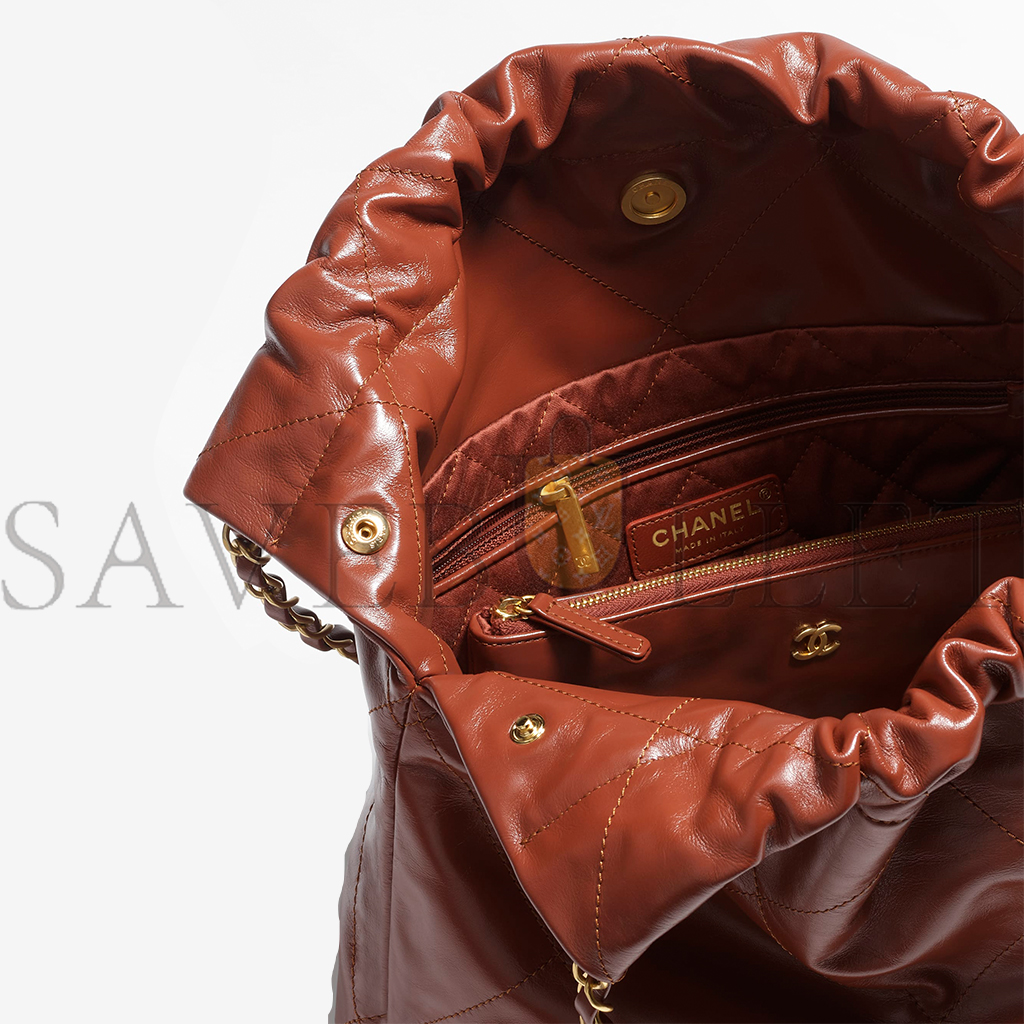 Ch*el master 22 handbag shiny calfskin & gold-tone metal brown as3261  (42*39*8cm)